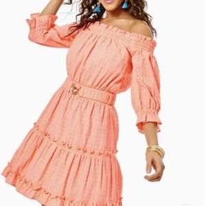Lilly Pulitzer Louisa Of-The-Shoulder Dress Papaya Punch Metallic Stripe Sz M
